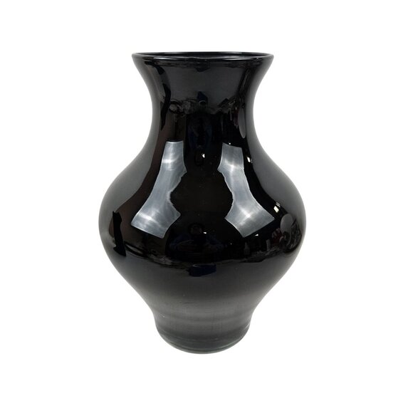 Black Painted Glass Vase Etched Lotus Floral Gold Detail Asian Art Style 10in - Picture 7 of 10